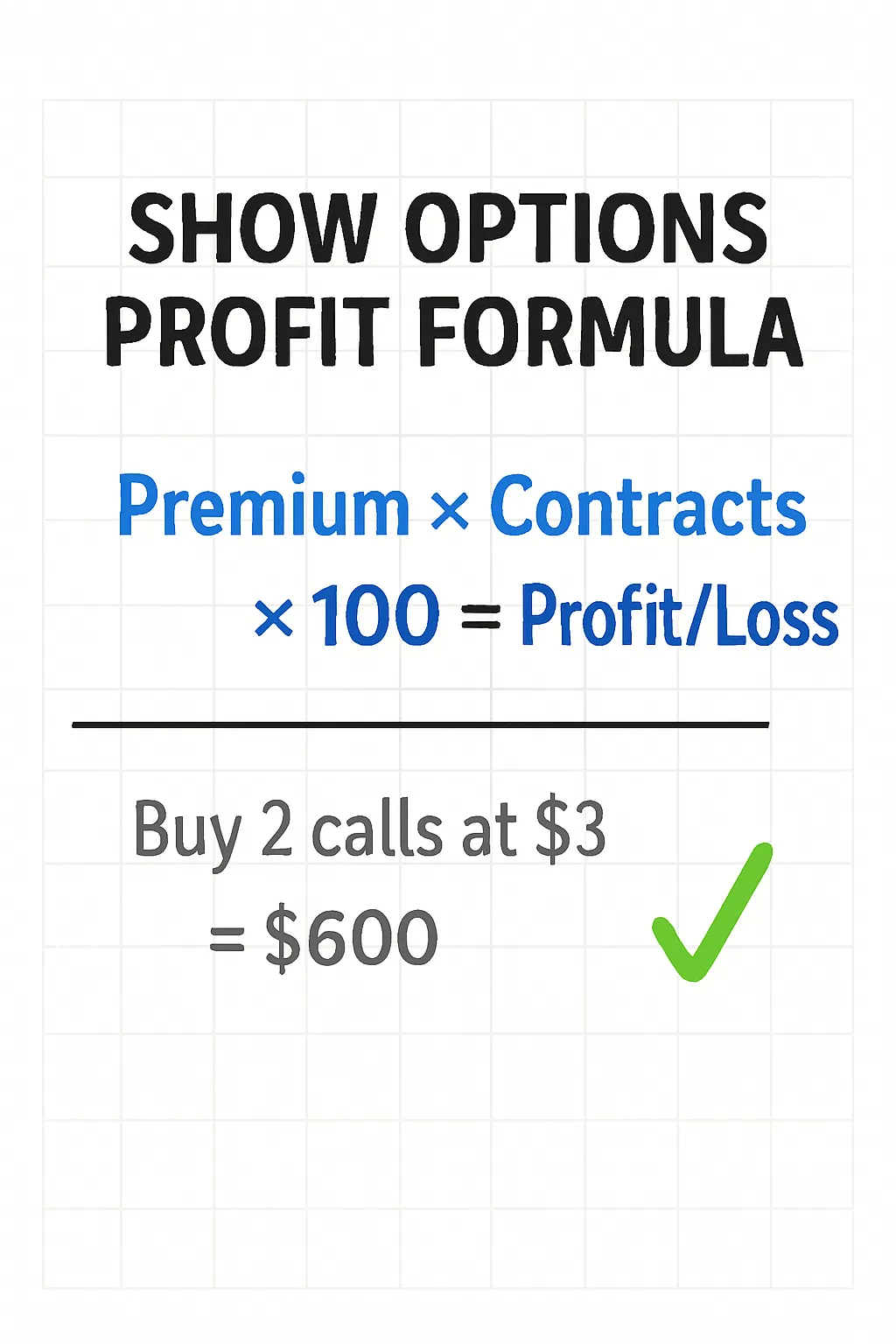 Options Profit Calculator Infographic - Visual guide showing how to calculate options trading profits and losses, including call and put options, strike price, premium, break-even points, and profit/loss scenarios